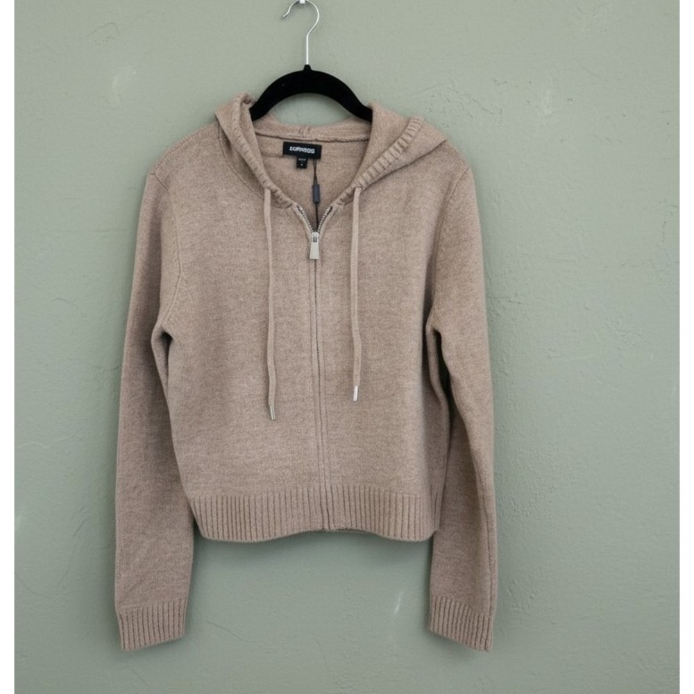Express Cozy Crop Sweater Hoodie Women Small Brown Tan Knit Full Zip Sweater NWT